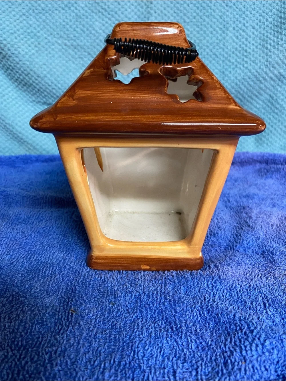 Source Unknown Orange Pumpkin Ceramic Lantern with Brown Roof